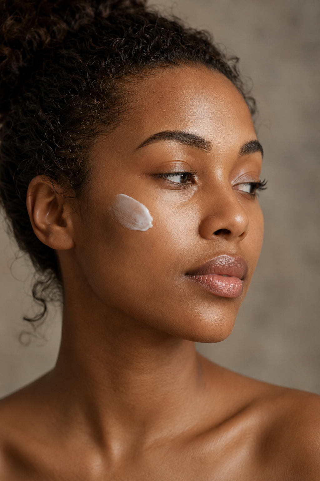 Woman with natural skin looking to the side in soft light.