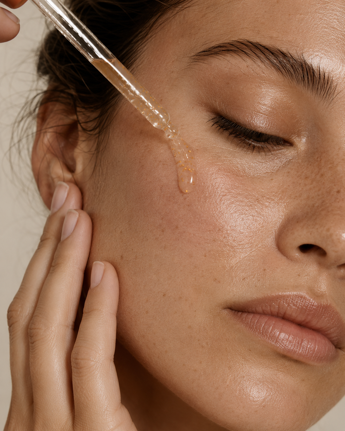 Woman gently touching her cheek after applying skincare.