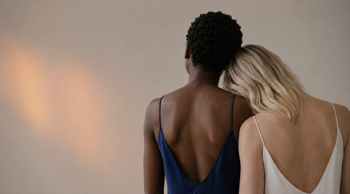 Two women standing closely together, viewed from behind in soft natural light.