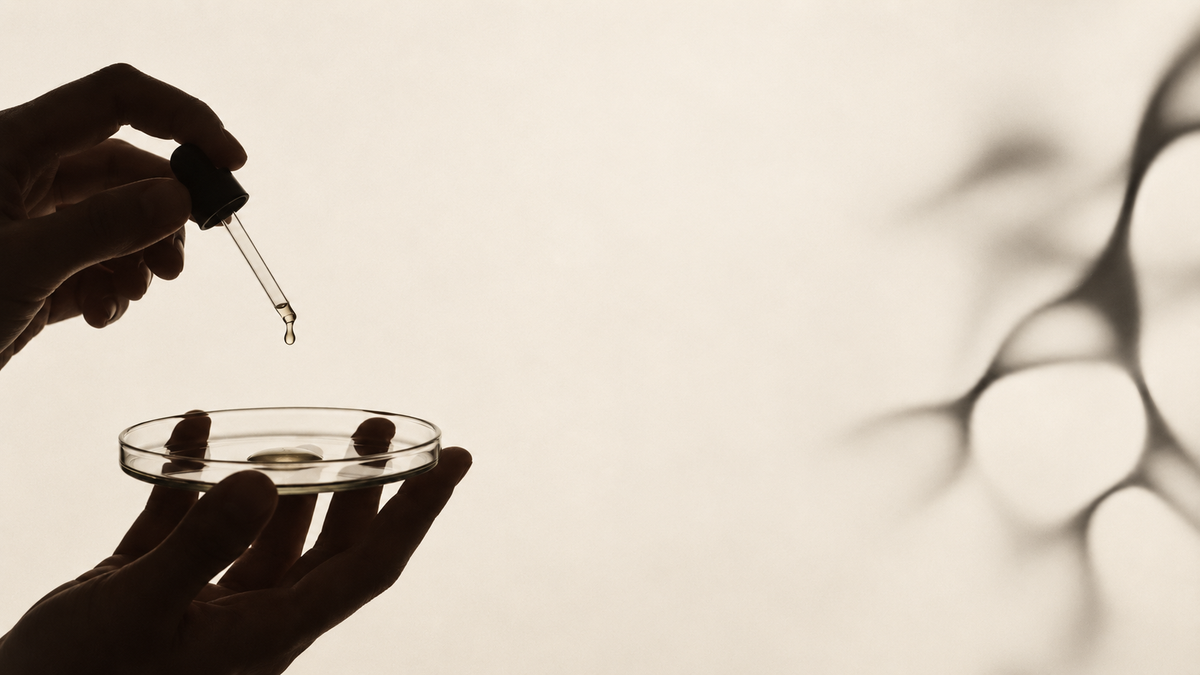 Close-up of a glass dropper above a clear dish with skincare formula.