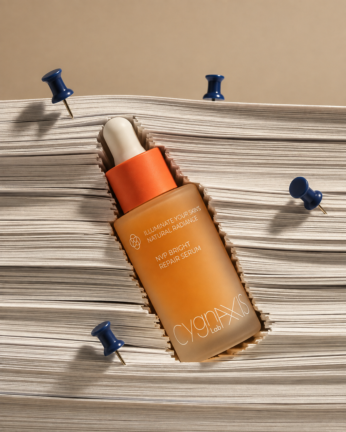 NVP Bright Repair Serum placed on a textured surface with small pins.